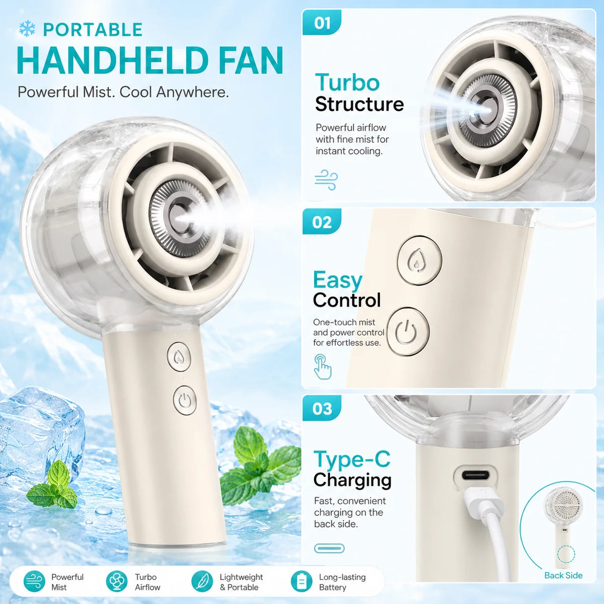 Handheld Mist Rechargeable Battery Portable Personal Cooling Fan