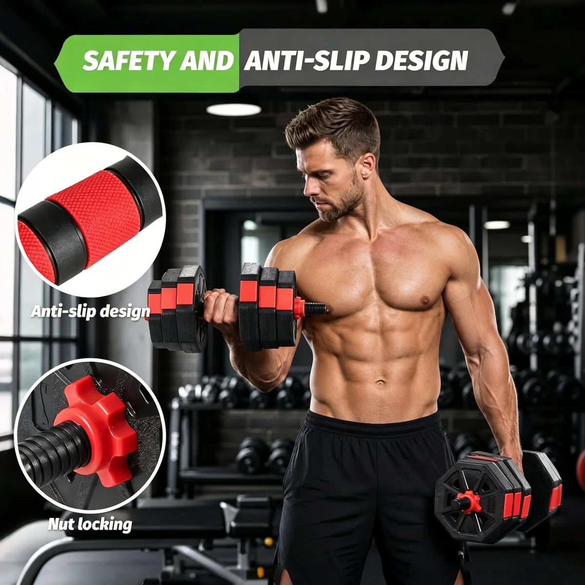 Adjustable Dumbbell Convertible Barbell Rubber Coated Home Gym Set