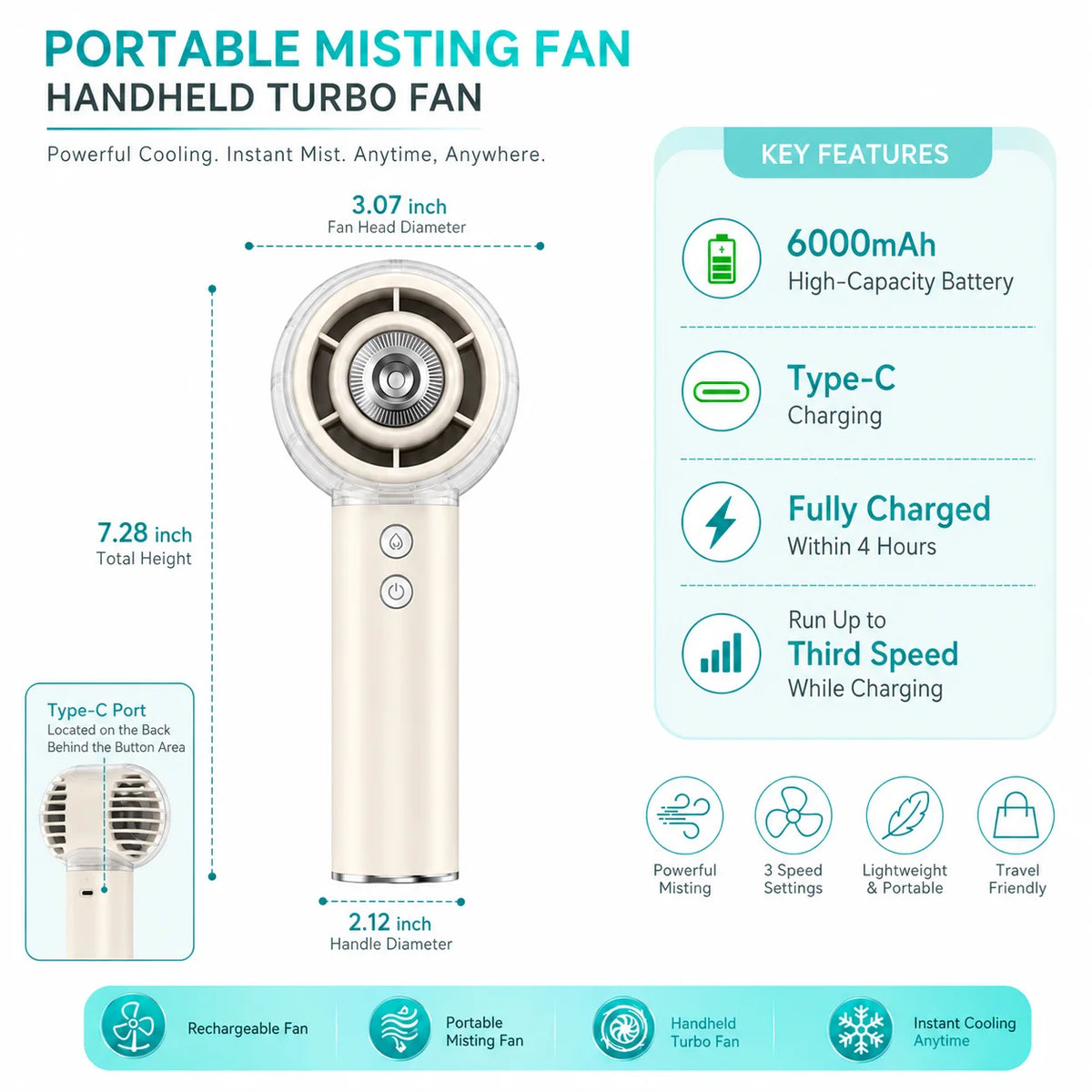 Handheld Mist Rechargeable Battery Portable Personal Cooling Fan