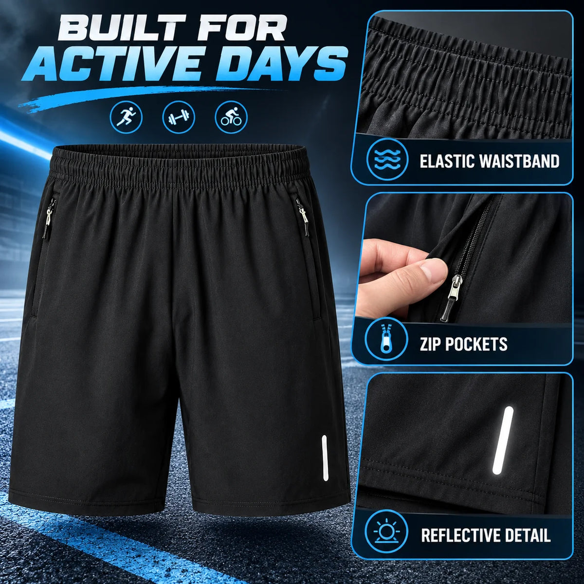 Men's Breathable Quick Dry Running Shorts With Zipper Pockets