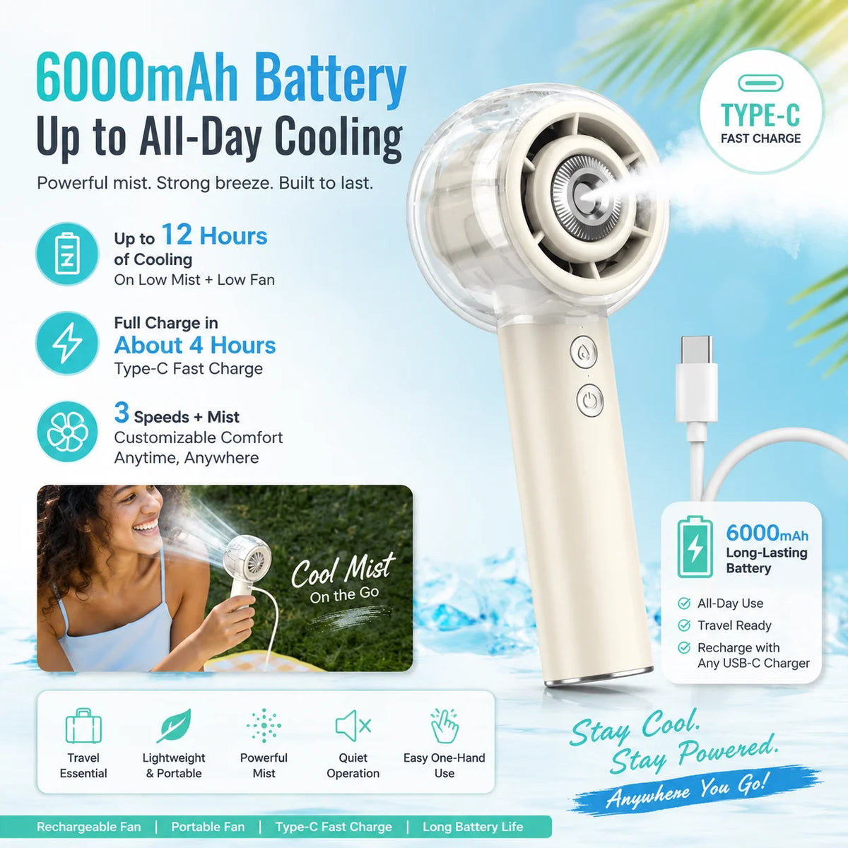 Handheld Mist Rechargeable Battery Portable Personal Cooling Fan
