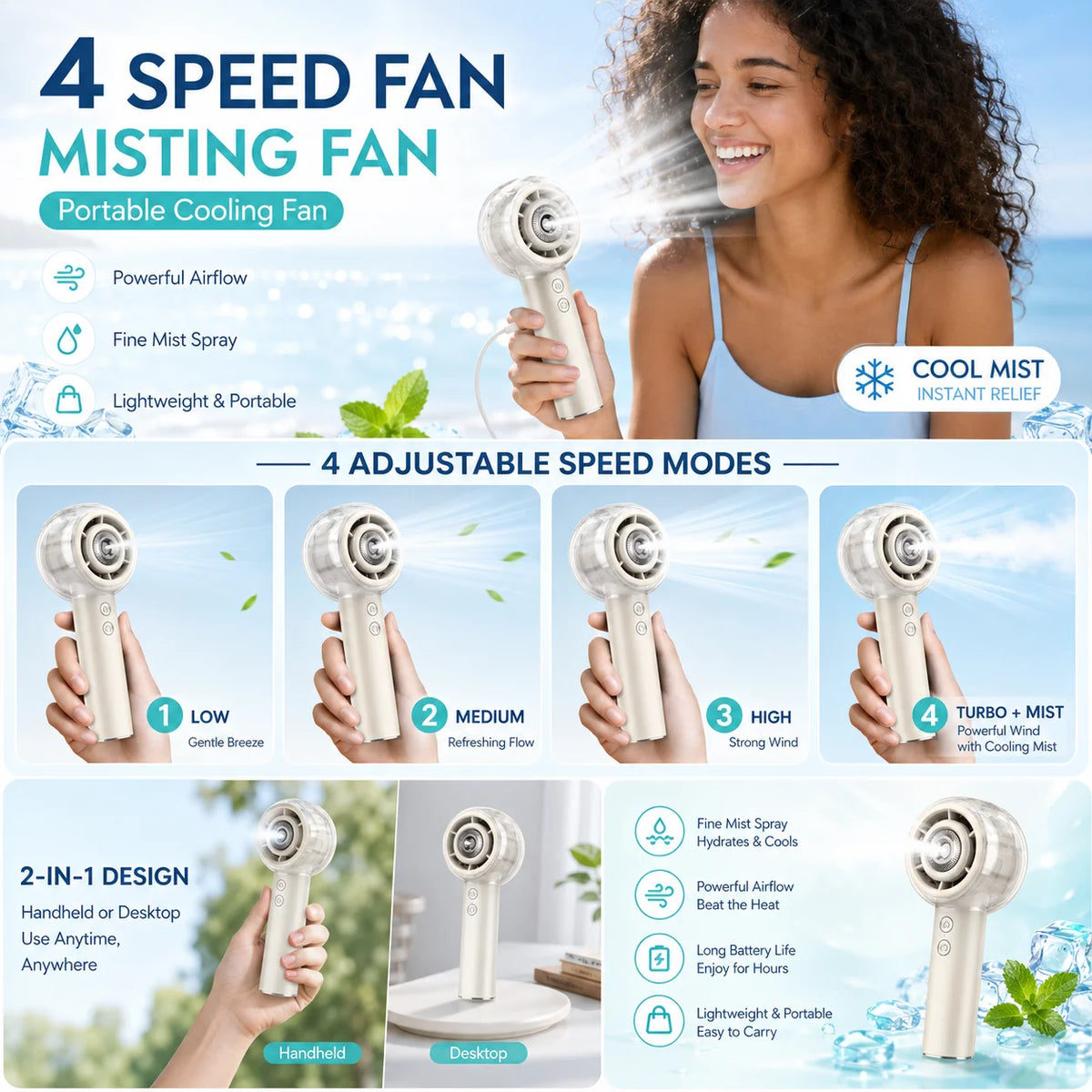 Handheld Mist Rechargeable Battery Portable Personal Cooling Fan