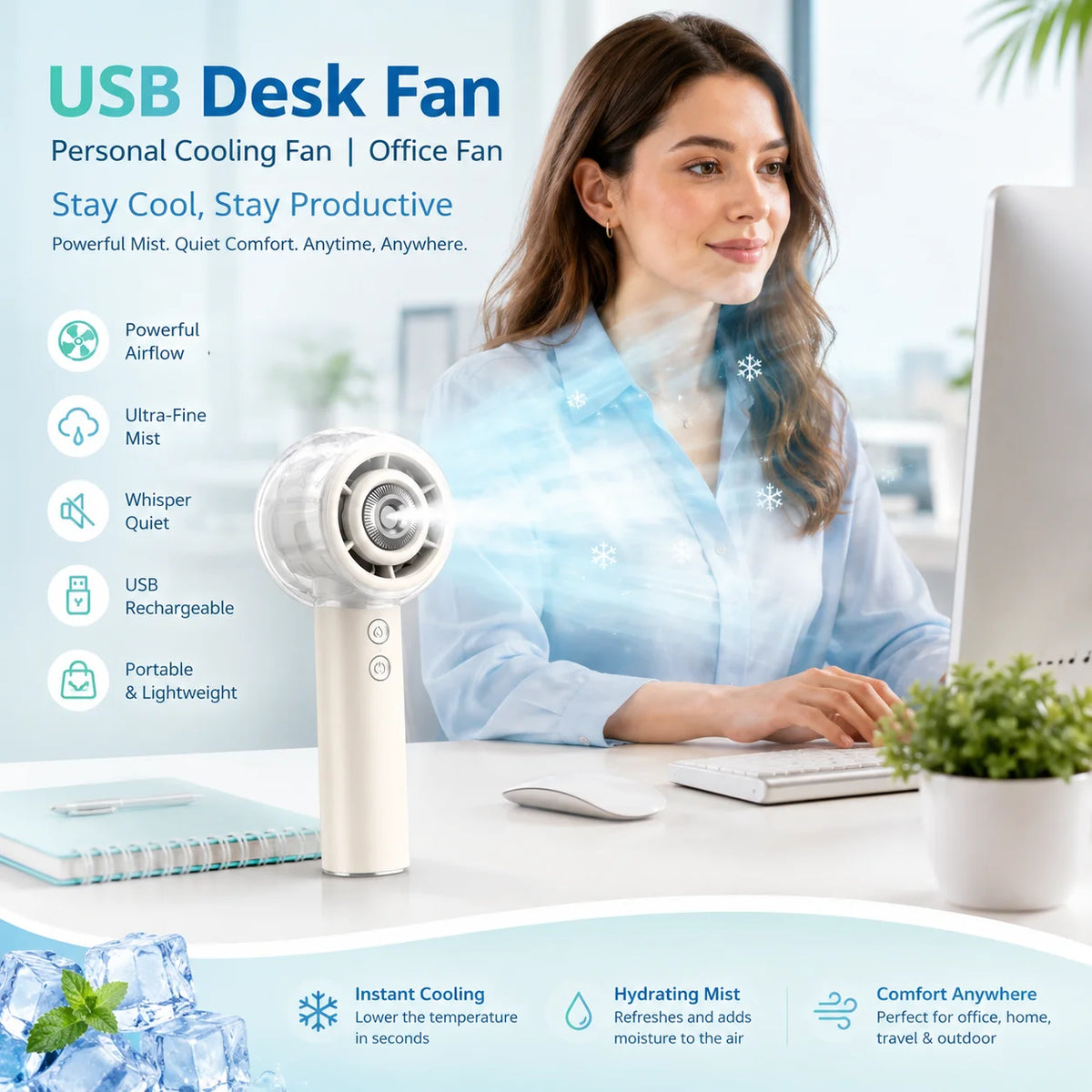 Handheld Mist Rechargeable Battery Portable Personal Cooling Fan