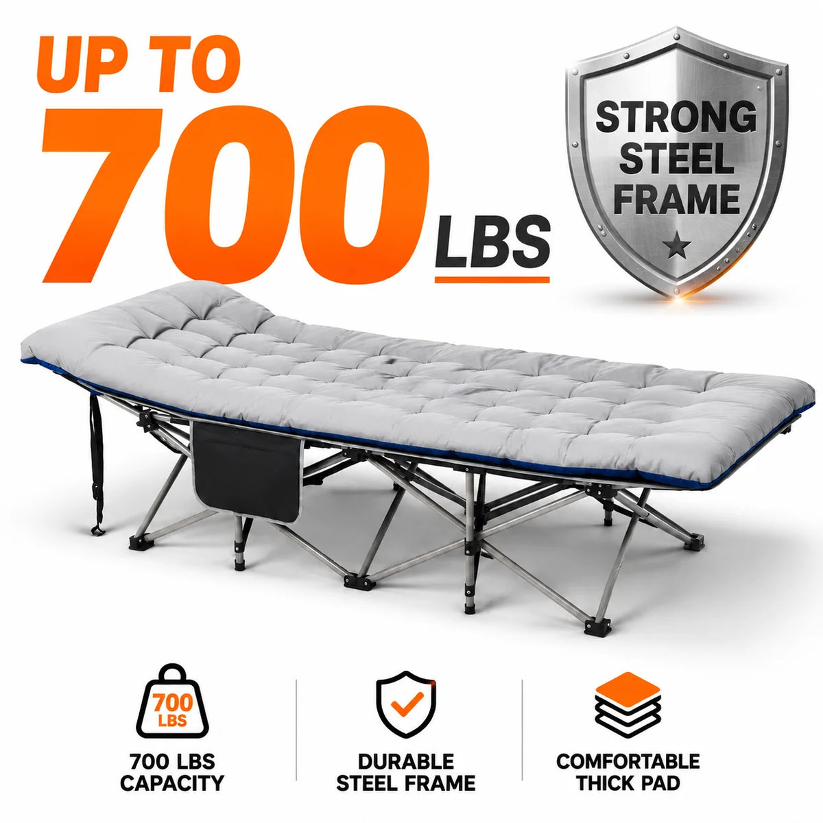 Portable Foldable Camping Cot With Thick Padded Mattress Sturdy Frame