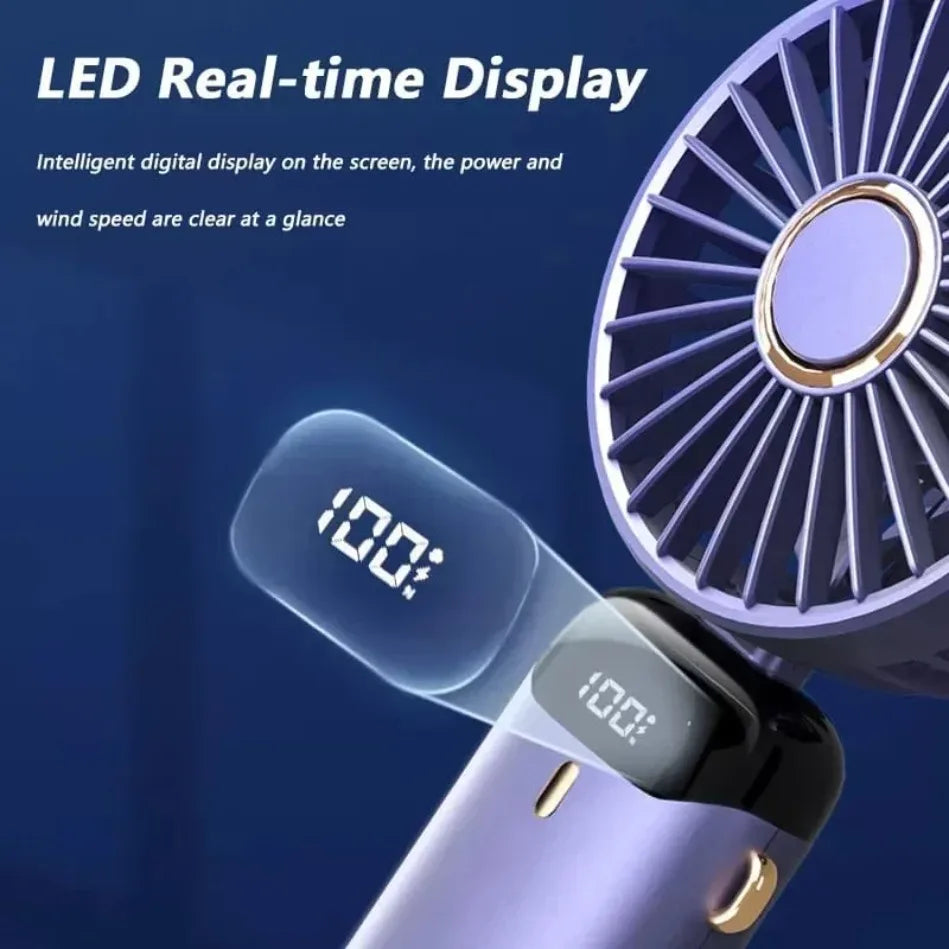 Foldable USB-C Rechargeable Handheld Fan with Led Display and Phone Stand.