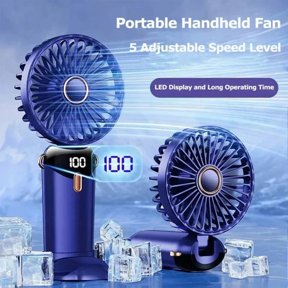 Foldable USB-C Rechargeable Handheld Fan with Led Display and Phone Stand.