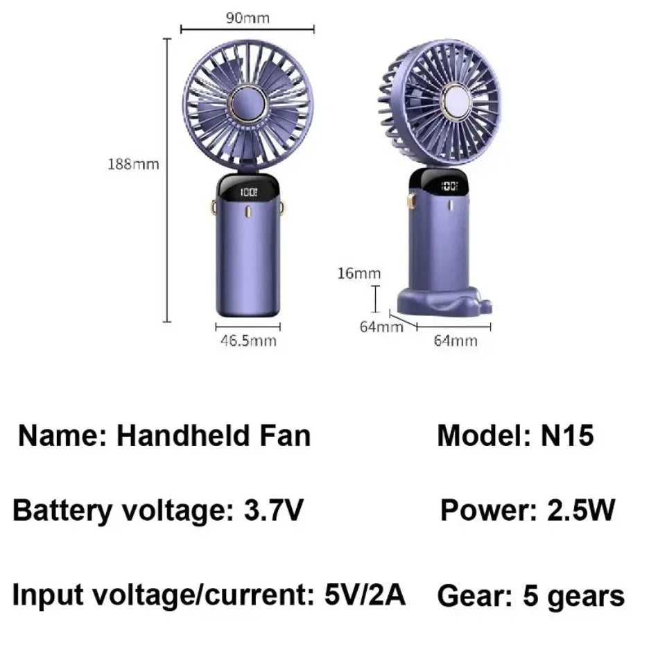 Foldable USB-C Rechargeable Handheld Fan with Led Display and Phone Stand.
