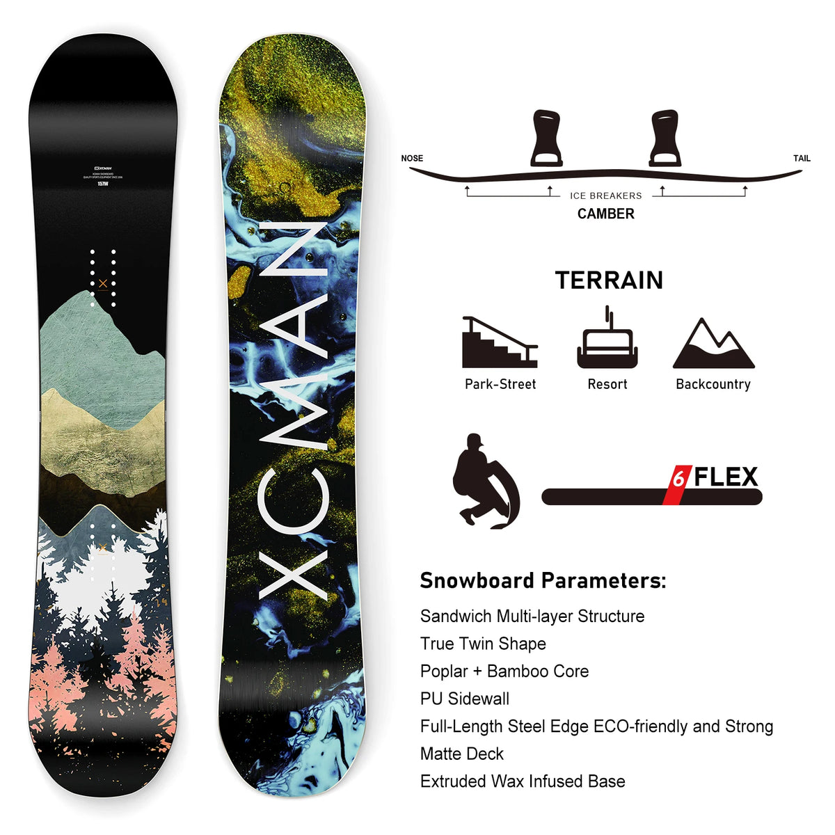 XCMAN Men All Mountain Snowboard With Camber Rocker Design