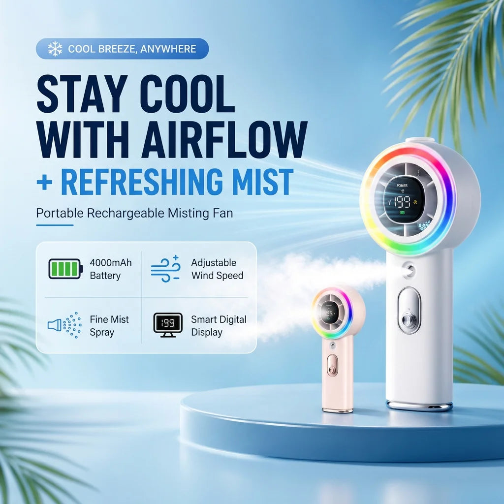 Handheld Mist Spray Cooling Fan With Dual Function Rechargeable Battery