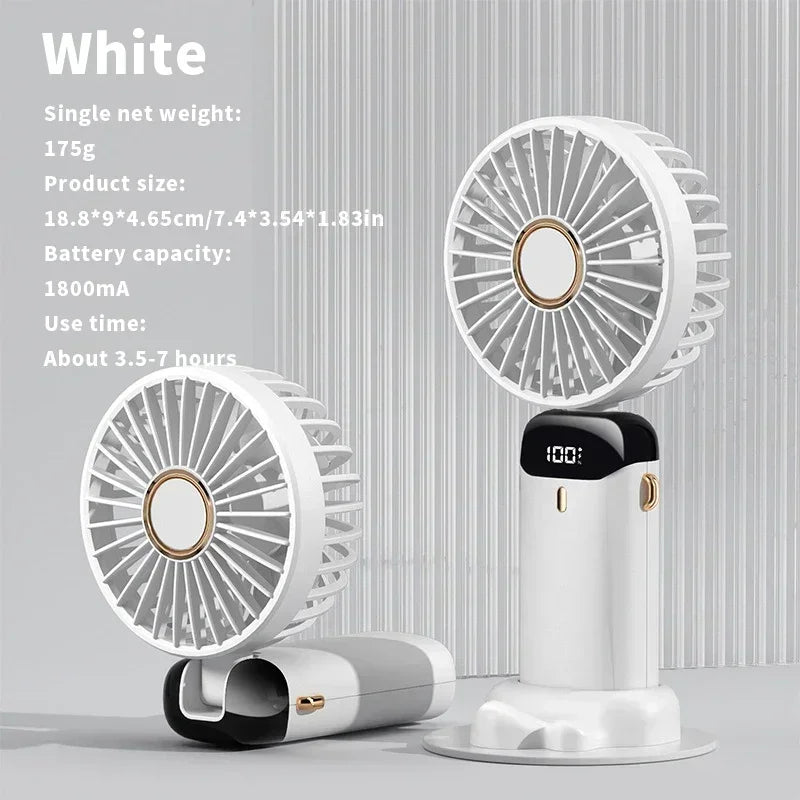 Foldable USB-C Rechargeable Handheld Fan with Led Display and Phone Stand.