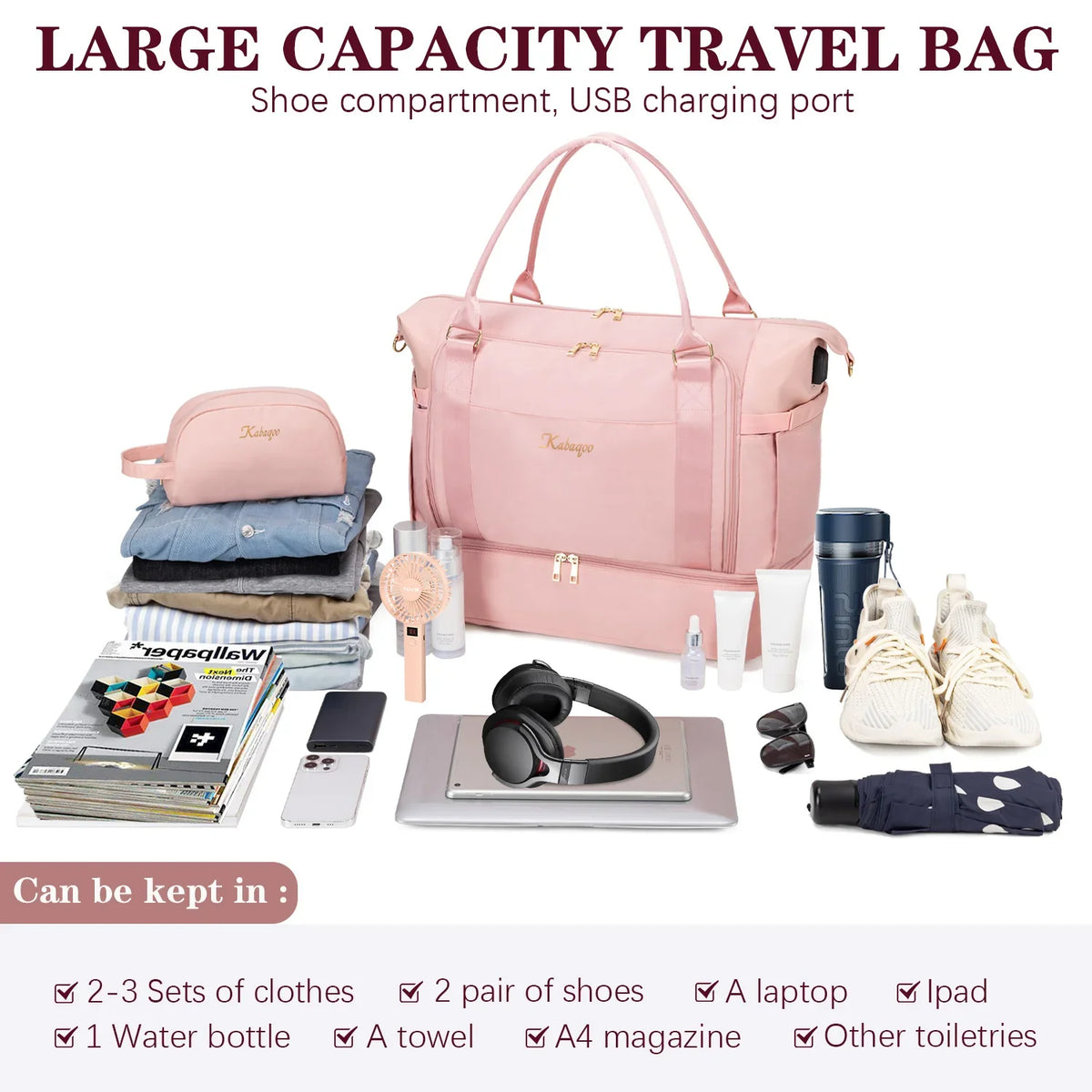Kabaqoo Women Travel Duffle Bag With USB And Shoe Compartment