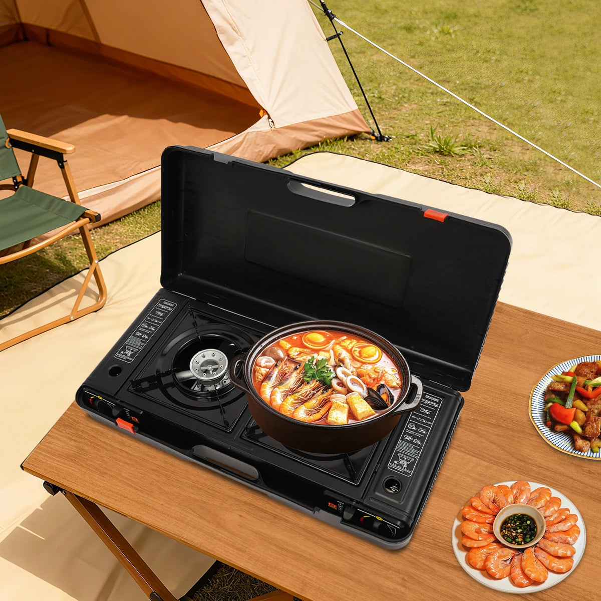 Portable Two Burner Camping Stove With Auto Ignition Travel Case