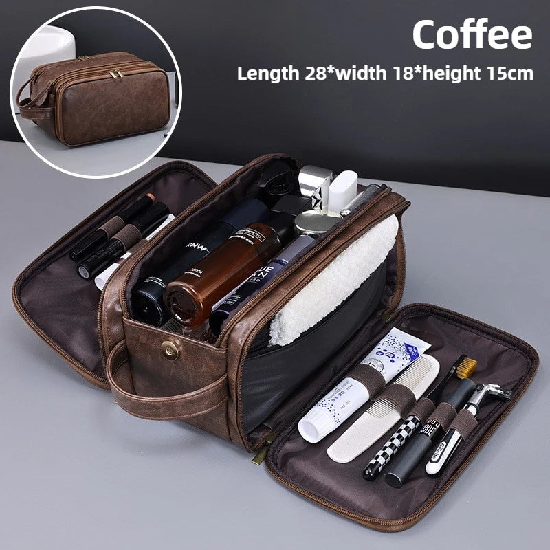 Durable Pu Leather Travel Toiletry Bag With Multiple Compartments