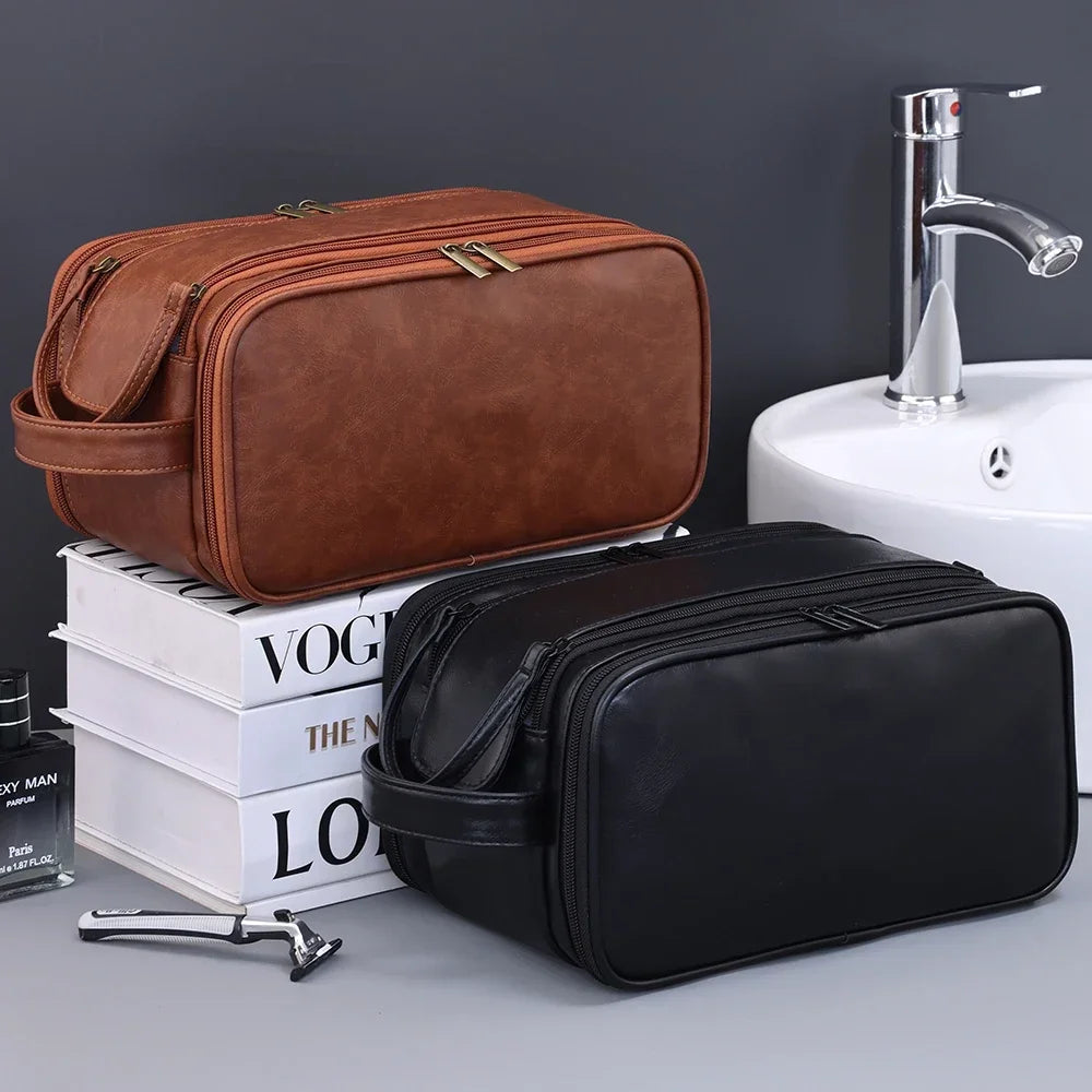 Durable Pu Leather Travel Toiletry Bag With Multiple Compartments