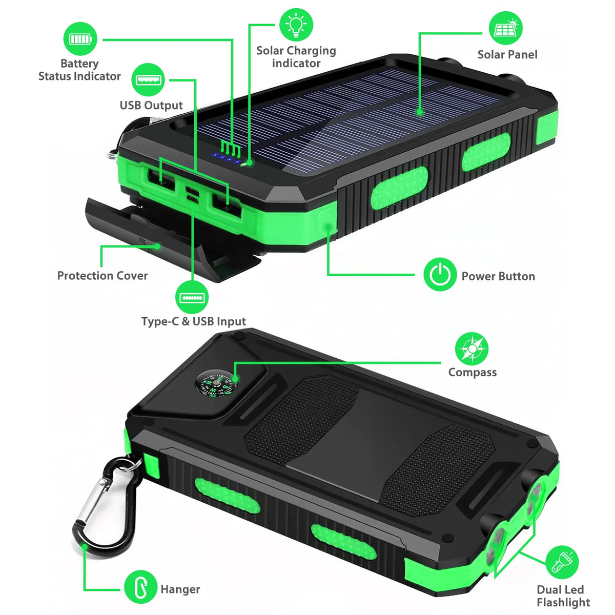 Portable Solar Power Bank With Led Flashlight Dual Usb Ports