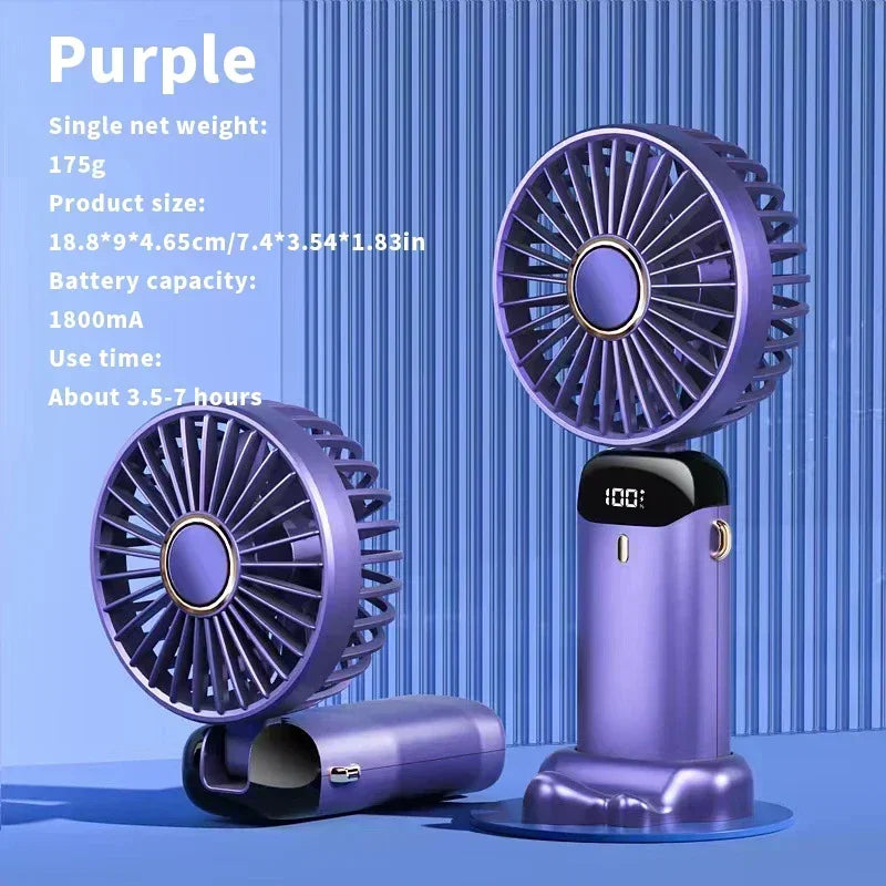 Foldable USB-C Rechargeable Handheld Fan with Led Display and Phone Stand.