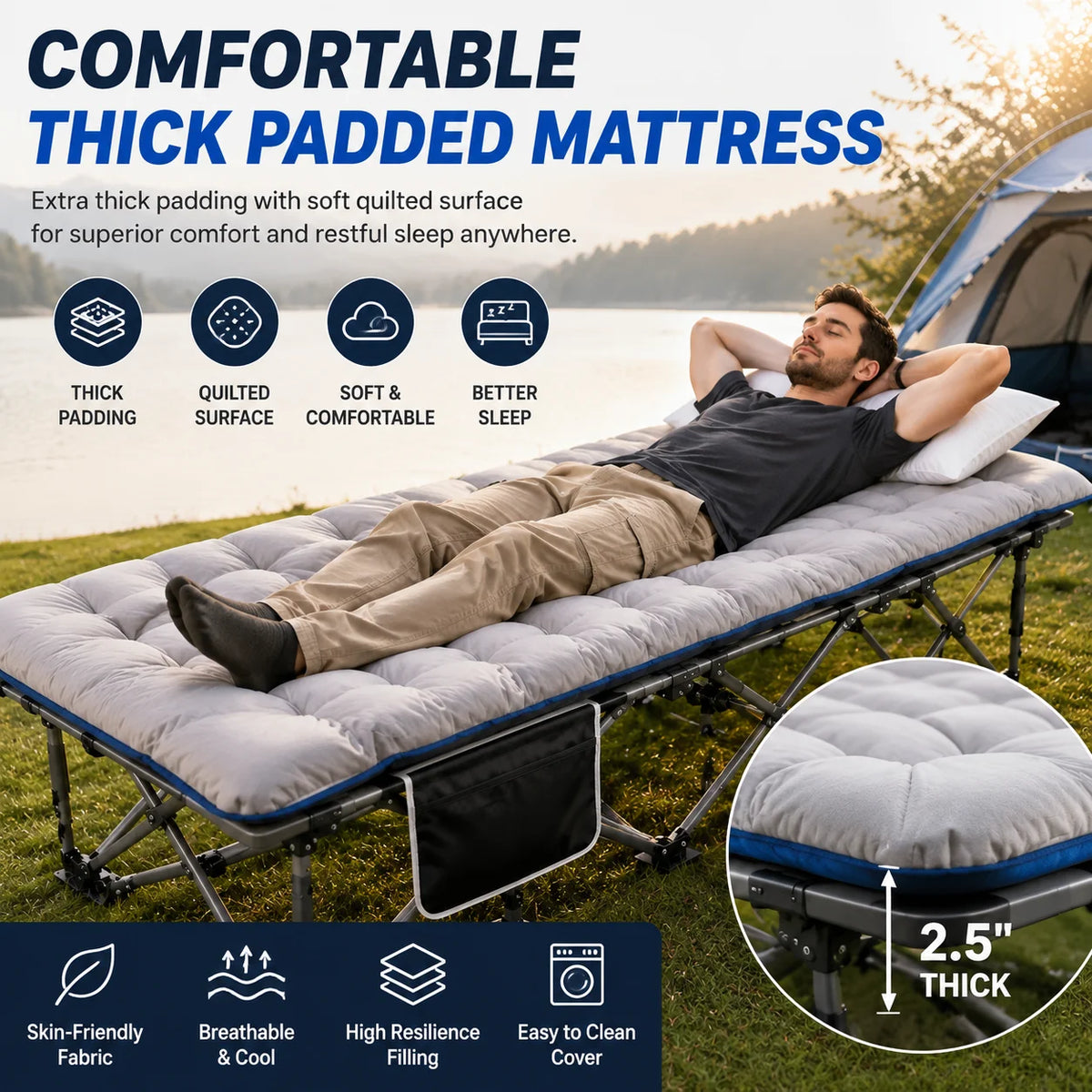 Portable Foldable Camping Cot With Thick Padded Mattress Sturdy Frame