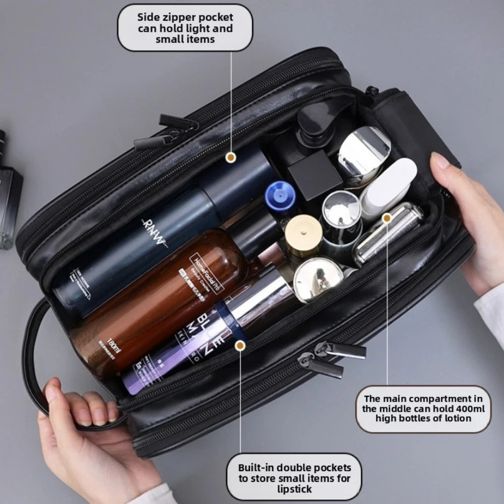 Durable Pu Leather Travel Toiletry Bag With Multiple Compartments