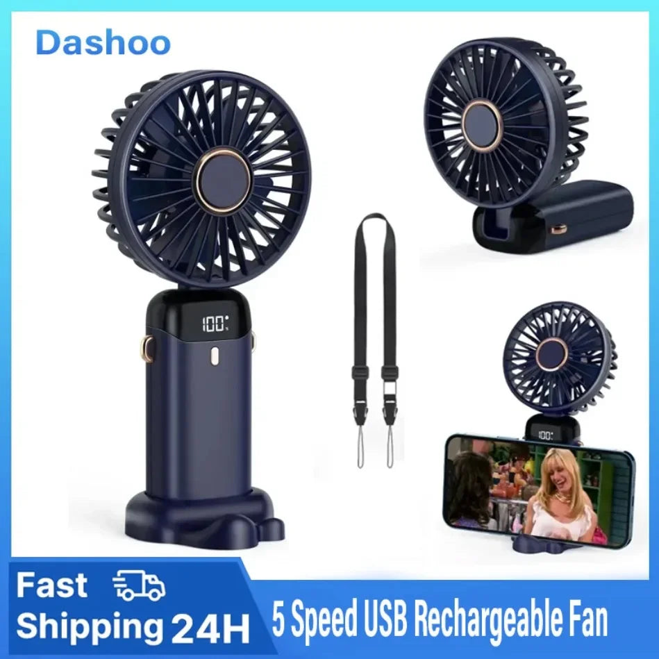 Foldable USB-C Rechargeable Handheld Fan with Led Display and Phone Stand.