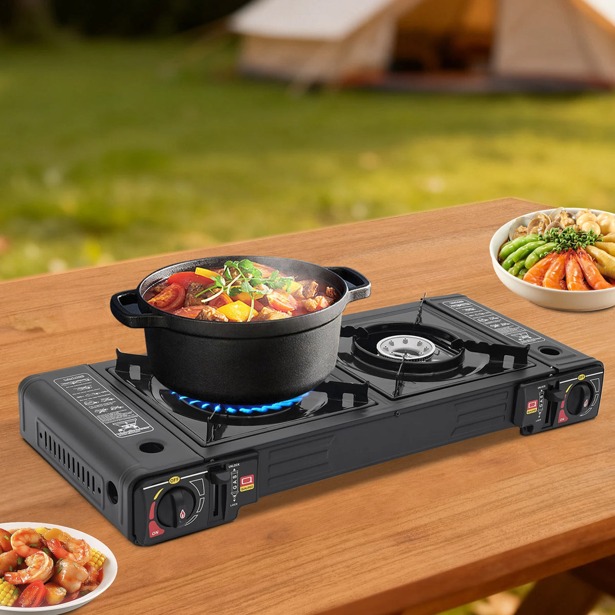 Portable Two Burner Camping Stove With Auto Ignition Travel Case