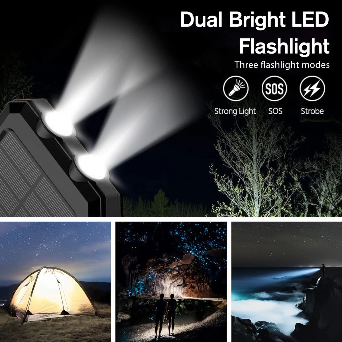 Portable Solar Power Bank With Led Flashlight Dual Usb Ports
