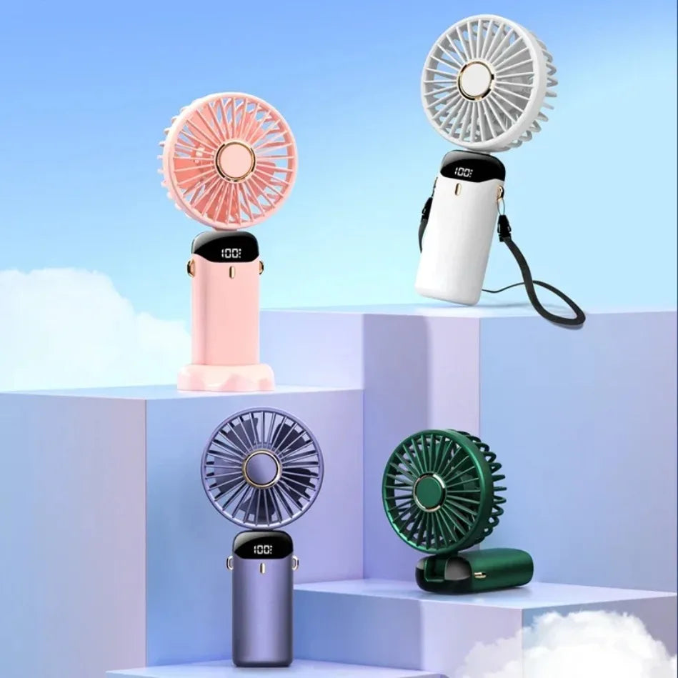 Foldable USB-C Rechargeable Handheld Fan with Led Display and Phone Stand.