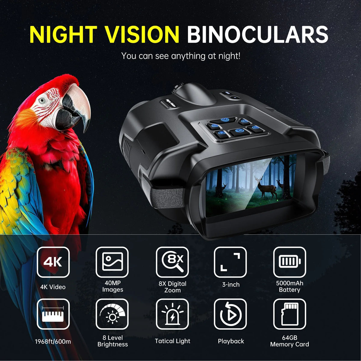 DIYIMIN Night Vision Binoculars 8X Magnification Infrared Rechargeable Scope
