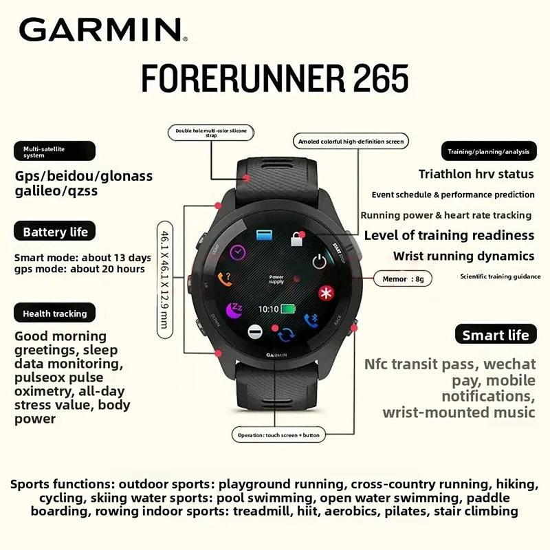 Garmin Forerunner 265 GPS Smartwatch Amoled Screen Heart Rate Sensor