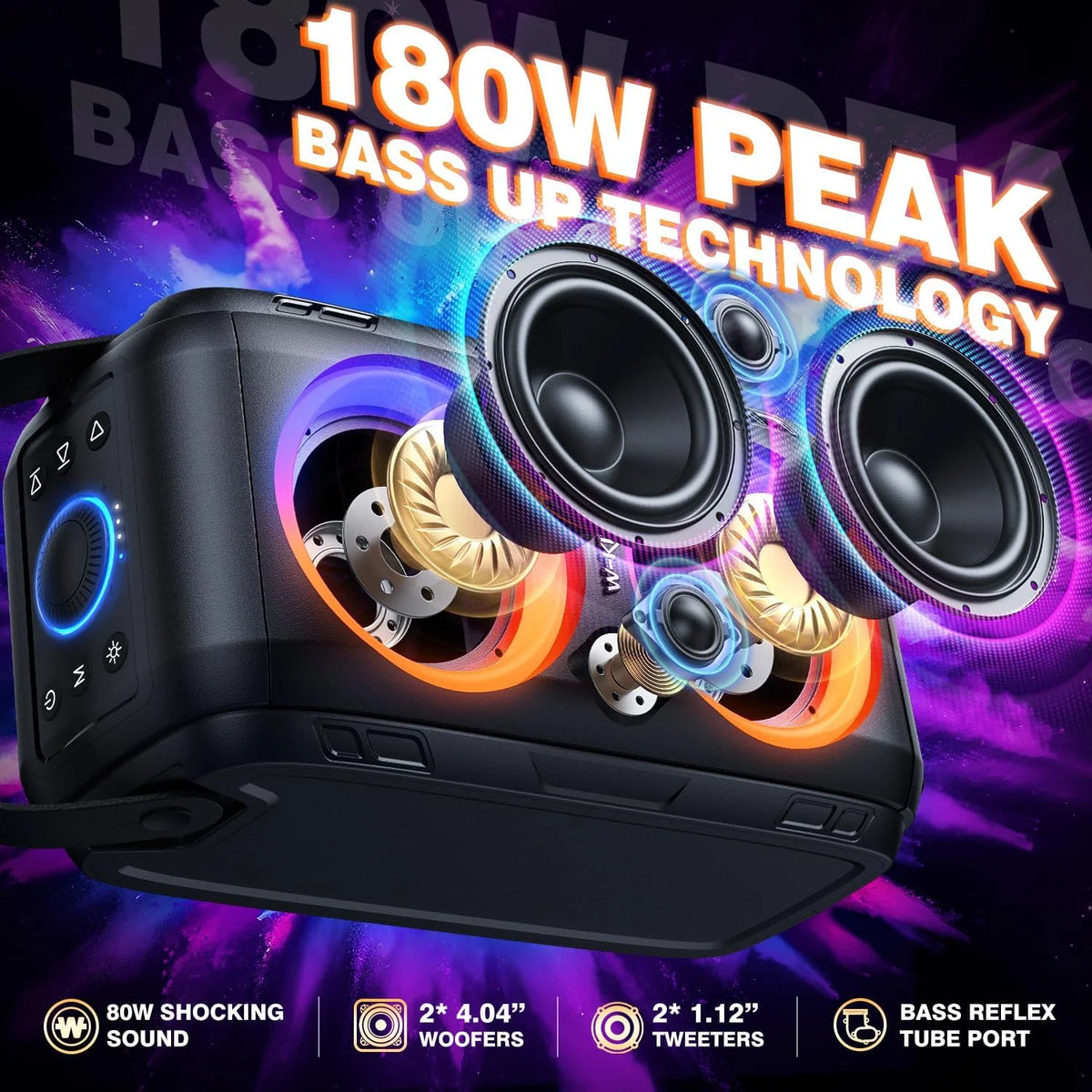 W-King 180W Portable Bluetooth Speaker With Subwoofer And Wireless Playback