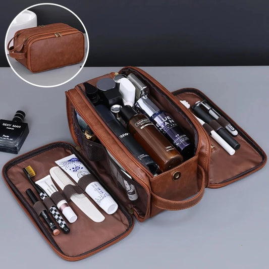 Durable Pu Leather Travel Toiletry Bag With Multiple Compartments