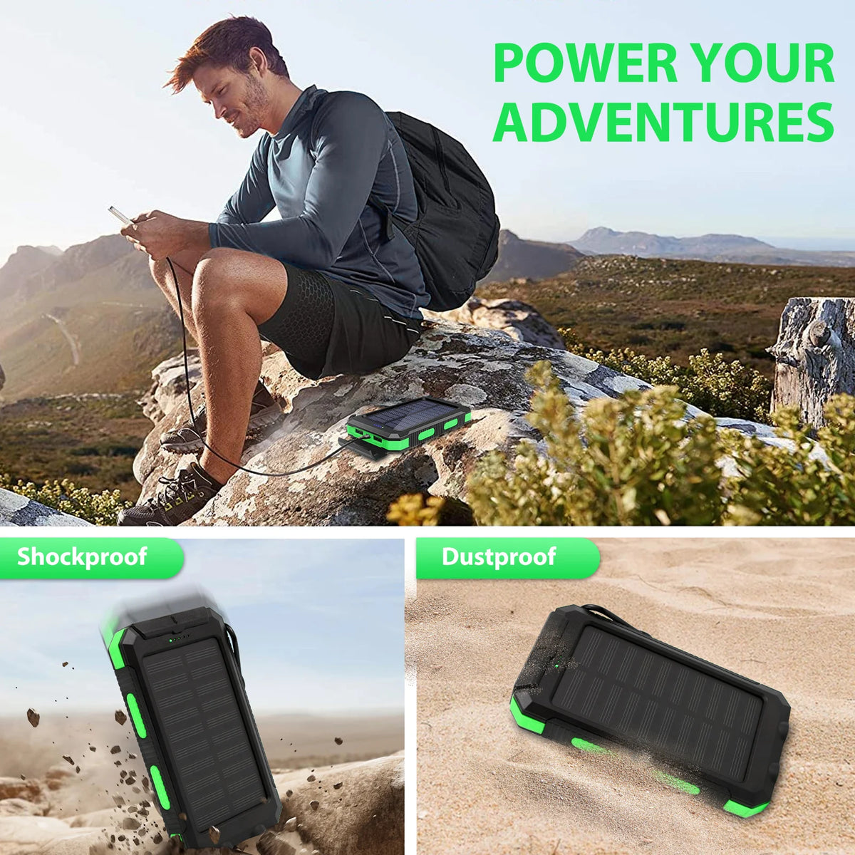 Portable Solar Power Bank With Led Flashlight Dual Usb Ports