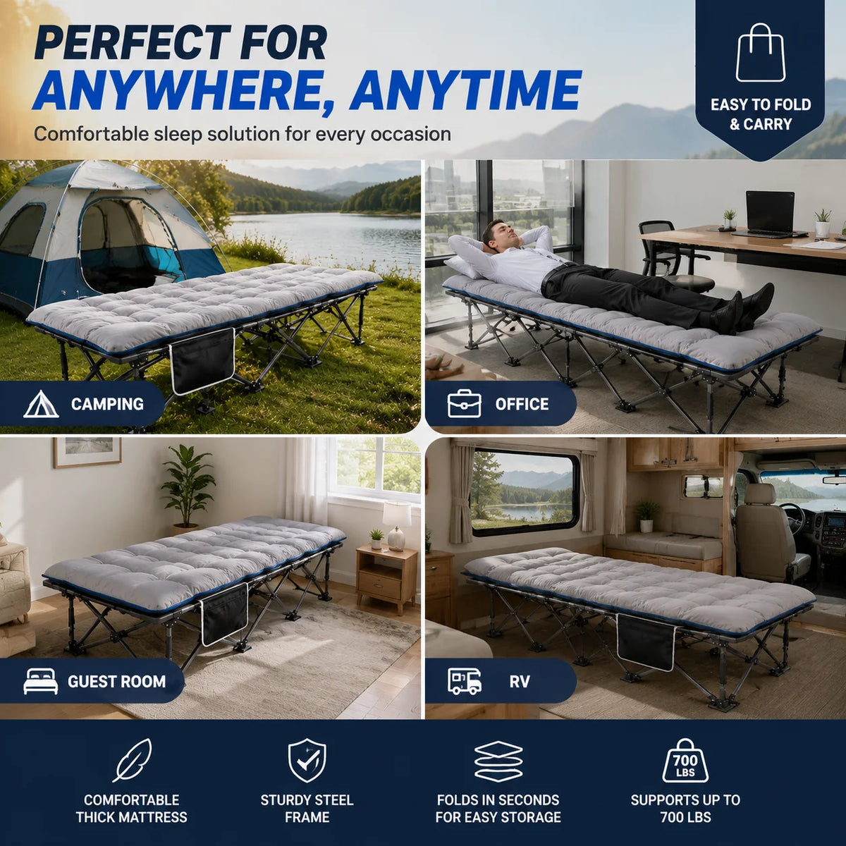 Portable Foldable Camping Cot With Thick Padded Mattress Sturdy Frame