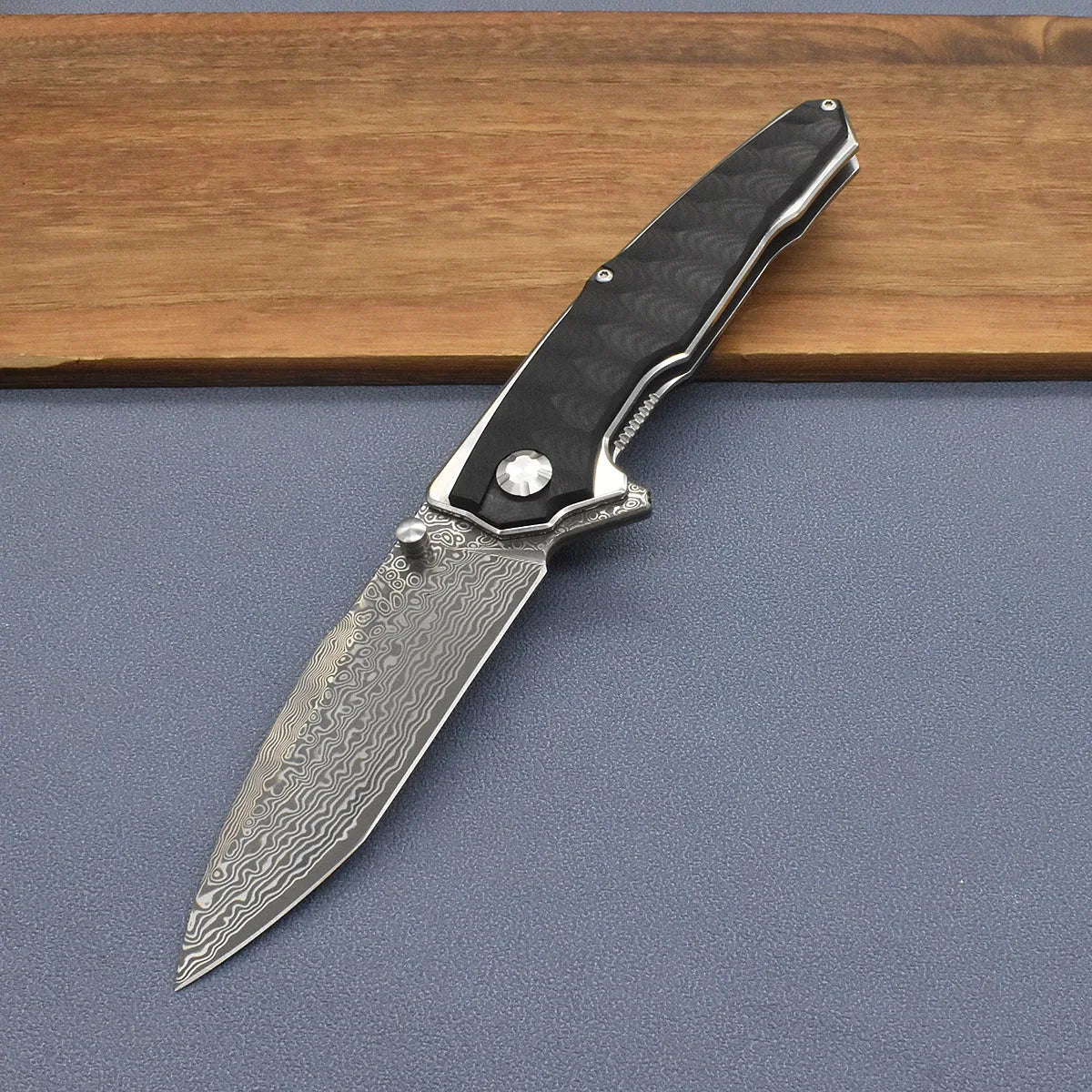 Blackdragon Damascus Steel Folding Knife With G10 Handle Clip