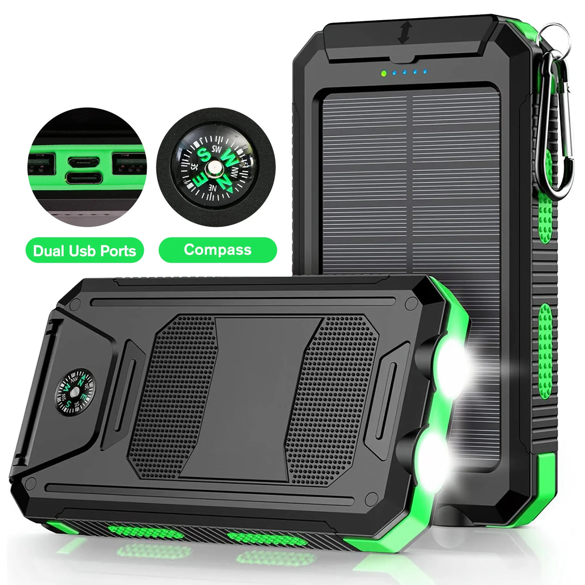 Portable Solar Power Bank With Led Flashlight Dual Usb Ports
