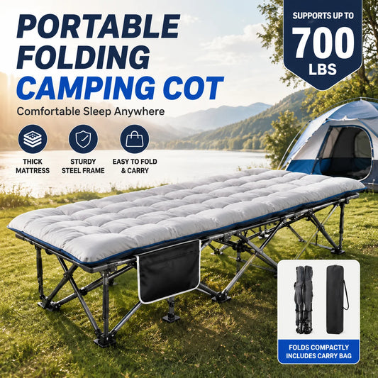 Portable Foldable Camping Cot With Thick Padded Mattress Sturdy Frame