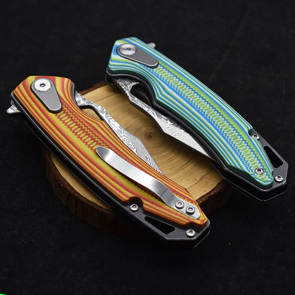 Blackdragon Damascus Steel Folding Knife With G10 Handle Clip