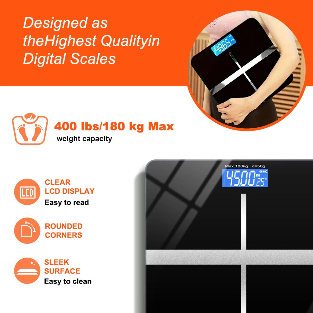 Digital Bathroom Scale With Tempered Glass Platform And Weight LCD Readout
